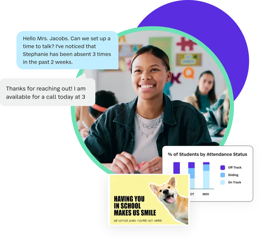 High school student in classroom and examples of attendance letters and postcards from SchoolStatus Attend and messages from SchoolStatus Connect