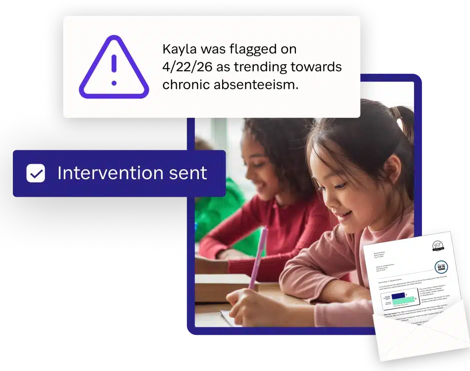 Photo of students writing at desk with example of Attend message "Kayla was flagged on
4/22/26 as trending towards chronic absenteeism."