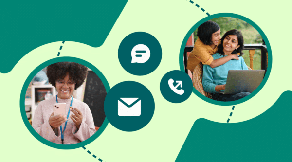 A teacher and a parent using digital communication tools to stay connected, symbolizing effective family engagement in K-12 education.