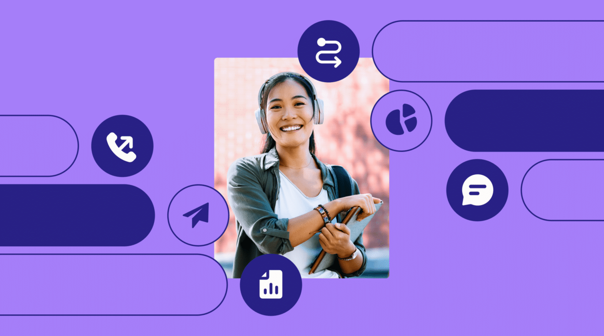 blog-data-security-schoolstatus-min A high school student holding books and smiling in a school setting, surrounded by icons representing data insights, communication, and analytics on a purple background.