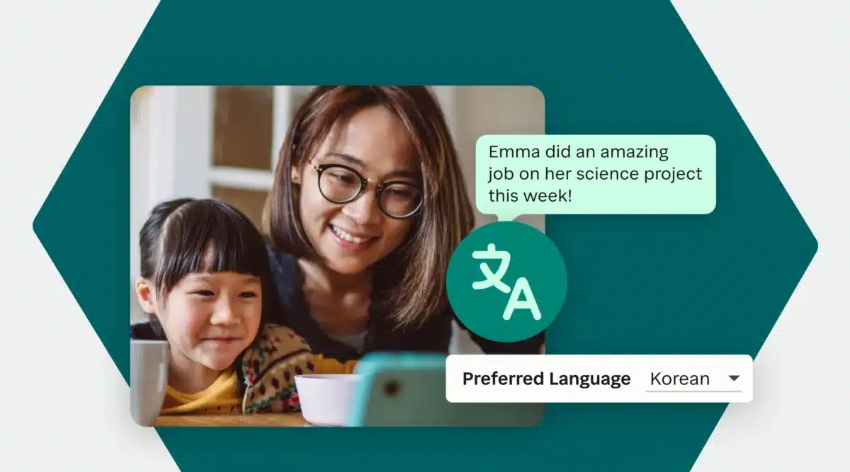Photo of mother and daughter using a smartphone to check notifications from SchoolStatus software translated into Korean.