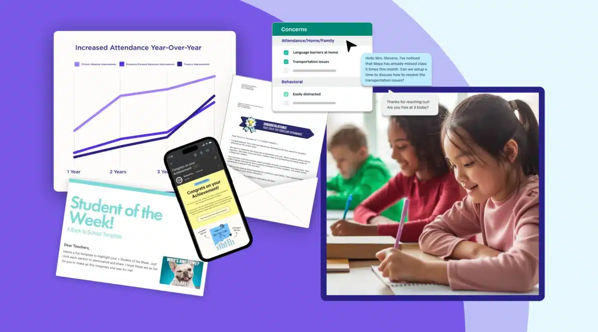 Designs of SchoolStatus data charts and notifications to families with photo of students in class.