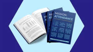 A Kindle showing the cover page of the Mission: Attendance book with a book open showing page in Chapter 1.