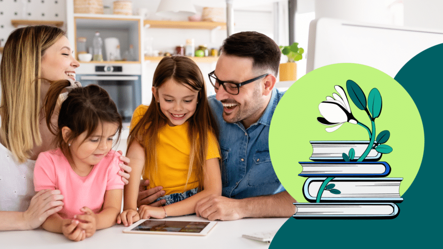 Case study with a picture of a family of four and a graphic of green books and a flower.