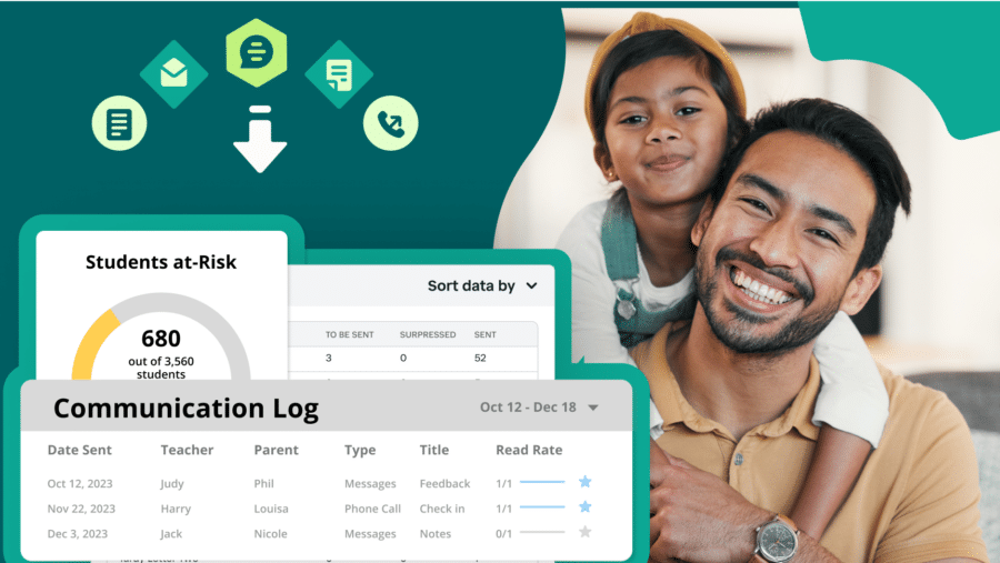 Case study with a picture of a man with his son and communication log from SchoolStatus software.