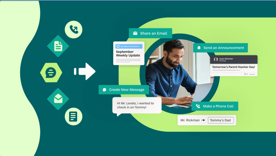 Case Study with an Image of a man using a laptop surrounded by messages from SchoolStatus software.