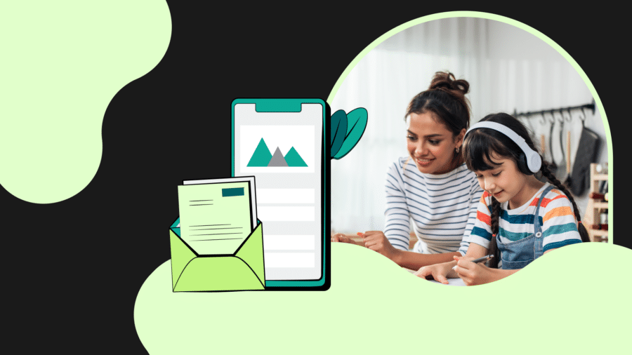 Photo of a mother and her daughter doing homework together with a graphic of a smartphone and a letter