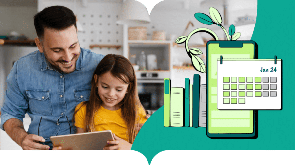 Photo of a father and his daughter and a green graphics of calendar, smartphone, flower, and books.