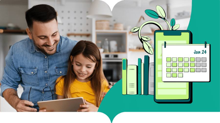 Photo of a father and his daughter and a green graphics of calendar, smartphone, flower, and books.