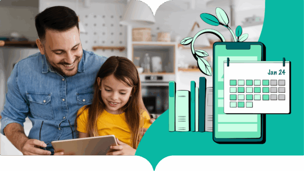Photo of a father and his daughter and a green graphics of calendar, smartphone, flower, and books.