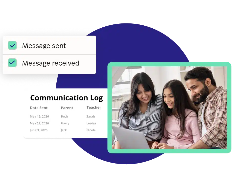 Family reading on laptop with Connect "Communication Log" information.