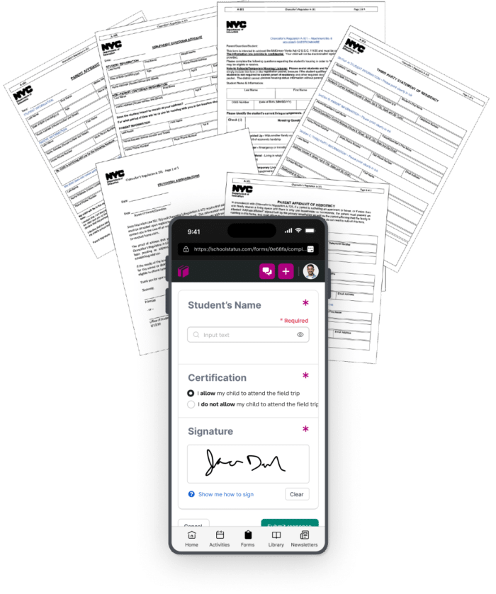 graphic showing many paper forms being digitized in the SchoolStatus app