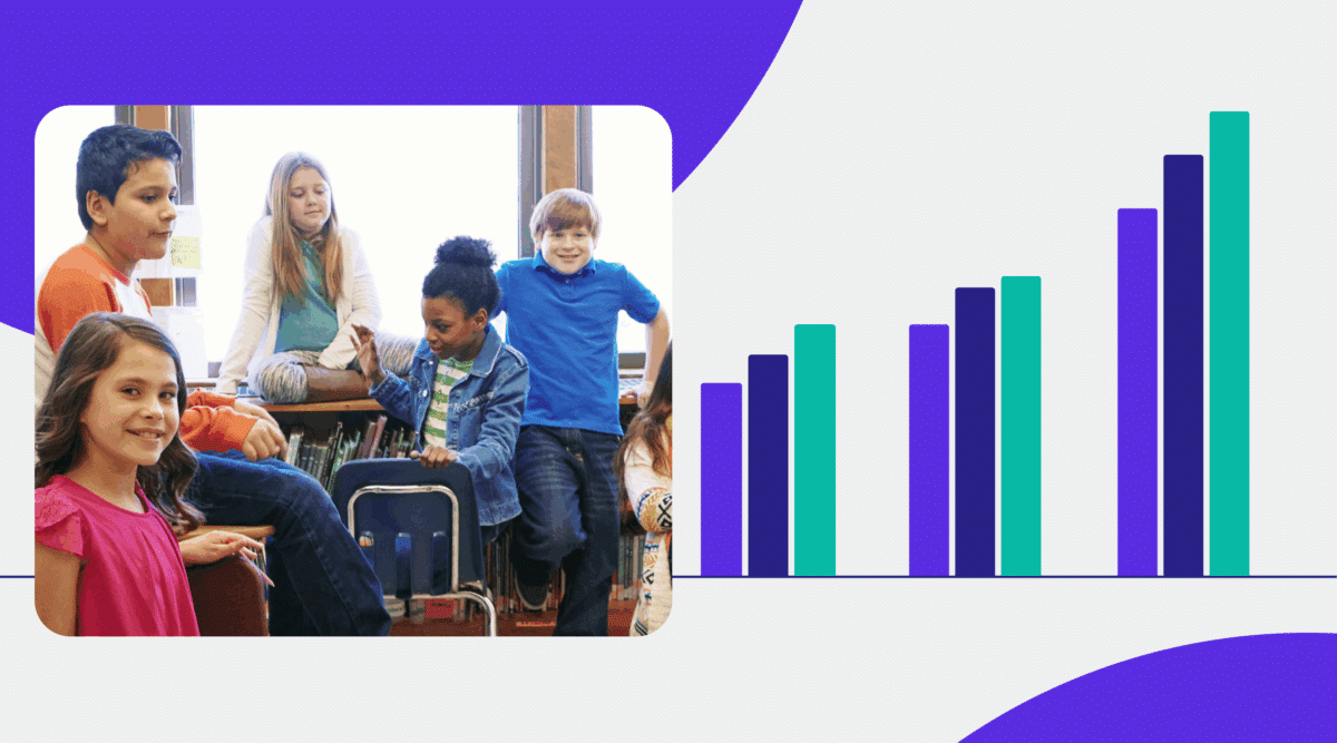 Group of students in a class with an upward trending graph.