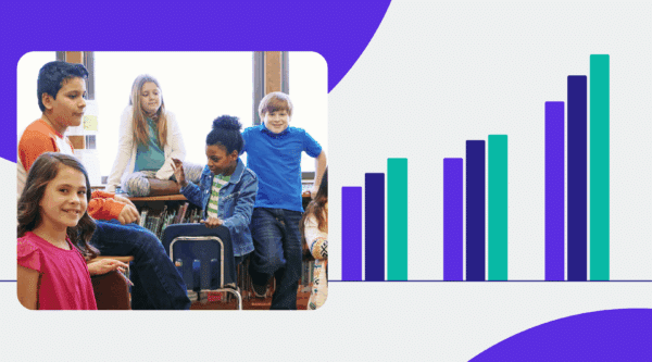 Group of students in a class with an upward trending graph.