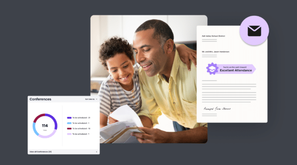 A father and child smiling while reviewing school documents, representing family engagement in education. Surrounding the image are visual elements including an attendance certificate, an email icon, and a data dashboard displaying conference scheduling insights.