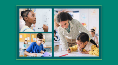 One female student doing math on a board, one male student writing at a desk, one female teacher with a young student.