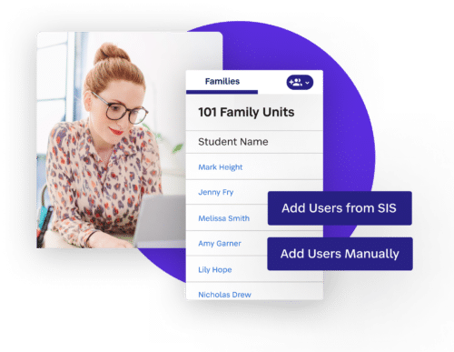 Photo of a female teacher and an open tab of SchoolStatus software called Families.