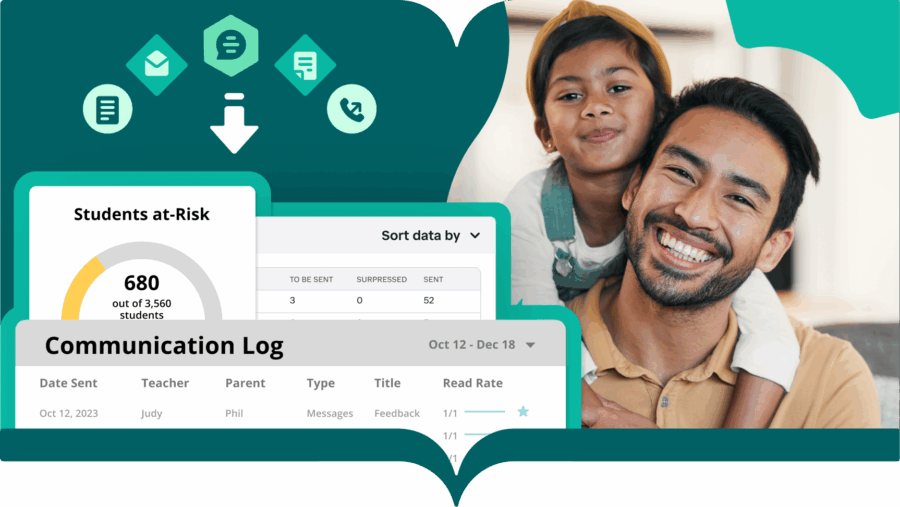 Case study with a picture of a man with his son and communication log from SchoolStatus software.