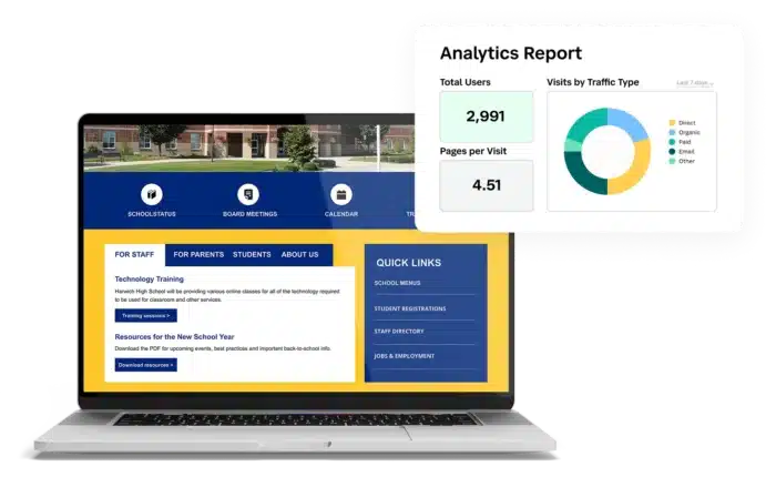 school website homepage on a laptop with a website analytics report