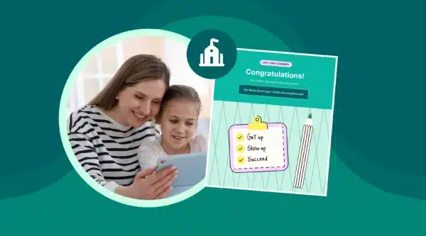 Mother and daughter reading communication from Connect on student progress with message example.