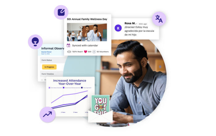 Educator analyzing data with tools for attendance tracking, event communication, multilingual messaging, and professional development.