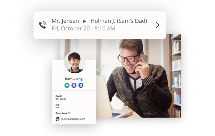 Teacher speaking with a parent on the phone, showing student profile details for better communication.