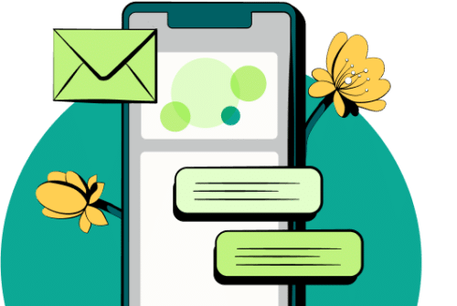 Smartphone, two flowers, an envelope, and two messages. Graphic.