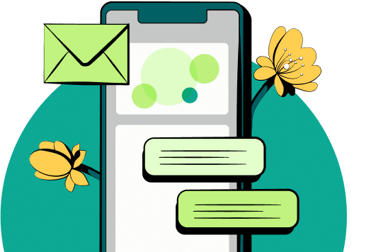 Smartphone, two flowers, an envelope, and two messages. Graphic.