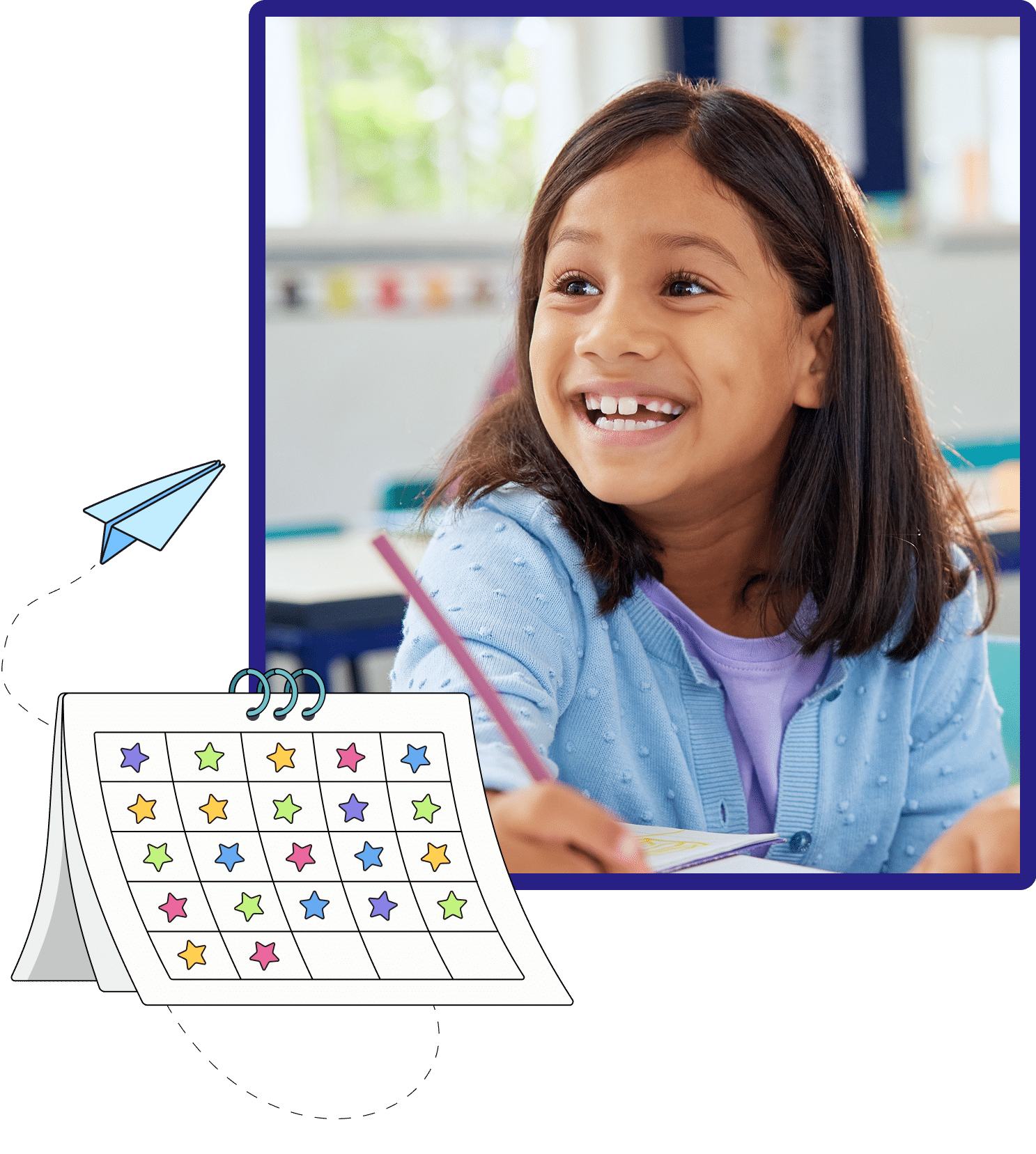 Student smiling with graphic of attendance calendar and paper airplane.