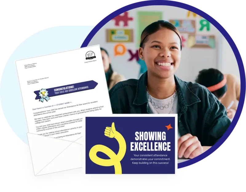 High school student in classroom and examples of attendance letters and postcards from SchoolStatus Attend