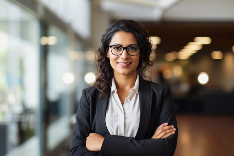 Smiling woman with glasses crossed her arms.