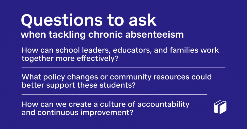 Three key questions to ask when tackling chronic absenteeism:
How can school leaders, educators, and families work together more effectively? 
What policy changes or community resources could better support these students? 
How can we create a culture of accountability and continuous improvement?