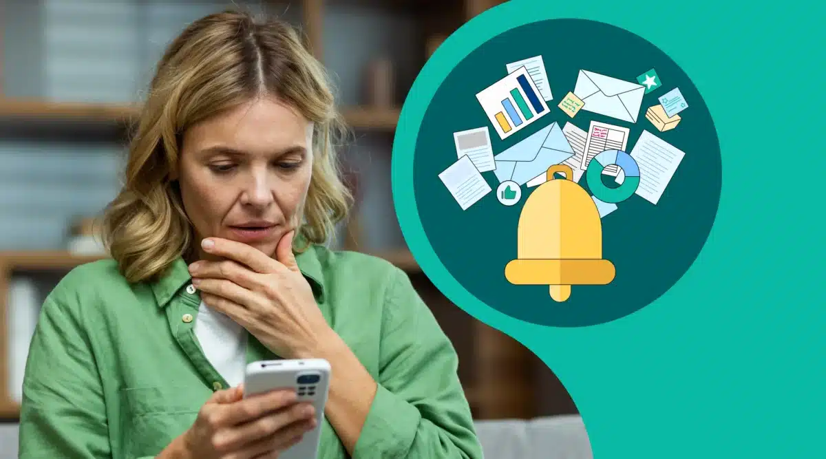 Woman looking at phone with design of alert bell and many messages next to her
